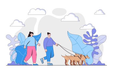 Gönüllüler iş başında. Mutlu genç çift, erkek ve kadın köpekle birlikte yürüyorlar. Hayvanlara değer verme ve gönüllü olma kavramı. Web iniş sayfası için düz çizgi film karakter tasarımı, afiş.