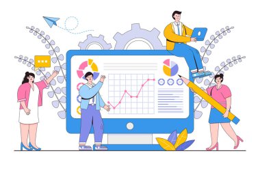 Ofis çalışanları evrim ölçeğinin analizi olan bilgi grafikleri üzerinde çalışıyorlar. İş grafikleri, uzaklık öğrenimi ve eğitiminin vektör illüstrasyonu.