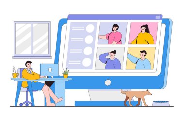 İnternetteki toplantı ve iş için evden işe giderken video konferansı. Resmi tişörtlü ve şortlu erkek ofis çalışanları bilgisayarda video görüşmesi yapıyorlar..