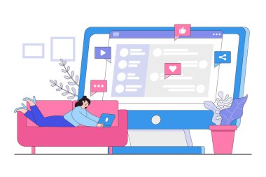 Genç bir kadın dizüstü bilgisayarla kanepede dinleniyor. Dijital cihaz, sosyal medya aracılığıyla arkadaşlarıyla sohbet eden kız. İniş sayfası, web gezgini ve afiş için düz çizgi film karakter tasarımı.