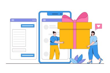 Online ödül konsepti. Genç bir kadın ikramiye alıyor ve hediye kutuları alıyor. Sadakat programı, promosyon, pazarlama için vektör illüstrasyonu. İniş sayfası için modern düz stil tasarımı.