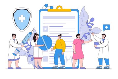 Sağlık sigortası reklamı yapan doktorları. Sigorta komisyoncusu hayat sigortası öneriyor. Sağlık hizmetleri, sağlık hizmetleri, koruma ve güvenlik kavramı için modern daire çizimi.