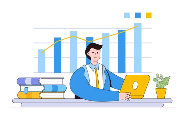 Male Office Workers Studying Infographics Analysis Evolutionary Scale Vector Illustration — Stock Vector