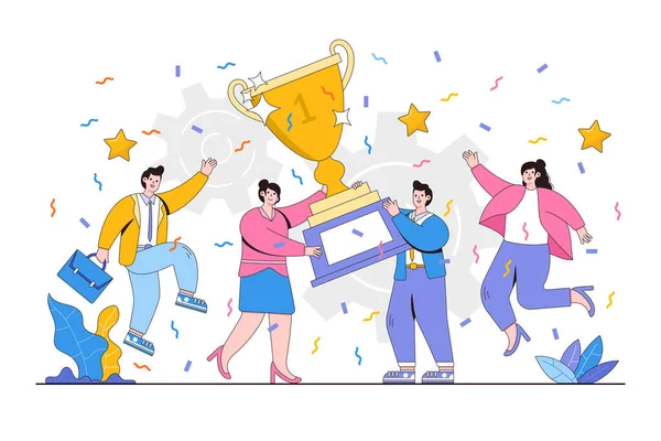 stock vector Successful business team concept. Happy business people holding prize winner cup and celebrating achievement. Modern flat style illustration for teamwork and award concept.