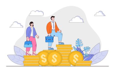 Düz adam ve kadın farklı altın para yığınları üzerinde duruyorlar. İniş sayfası, web pankartı, bilgi grafikleri, kahraman resimleri için tasarım biçimi asgari vektör çizimi.