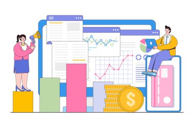 Sabit mali yönetim, hesaplama ödeme, maaş veya vergi konsepti. İniş sayfası, web pankartı, bilgi grafikleri, kahraman resimleri için tasarım biçimi asgari vektör çizimi.