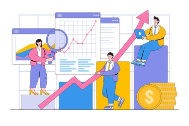 İş finansmanı yatırım konsepti için sabit istatistiksel ve veri analizi. İş adamları takımı grafikle çalışıyor. İniş sayfası için tasarım biçimi asgari vektör çizimi.