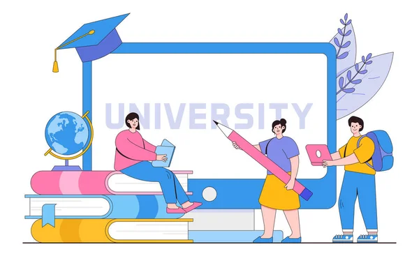 Technologisch Concept Voor Plat Afstandsonderwijs Studenten Studeren Online Universiteits Universiteitscampus — Stockvector