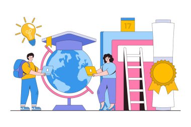 Education and learning knowledge concept with characters. School, university and college graduation. Personal growth degree and development using book research, teacher and literature.
