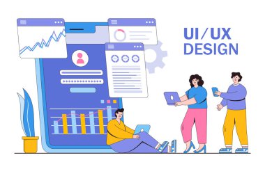 Mobile UI/UX development design concept with characters. Digital industry, mobile app, innovation and technologies. Modern flat style for landing page, web banner, infographics, hero images.