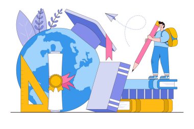 Trajectory education concept with characters. Online education, digital classroom, e-Learning. Outline design style minimal vector illustration for landing page, web banner, infographics, hero images.