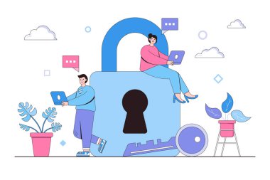 Karakterli siber güvenlik vektör illüstrasyonu. Veri güvenliği, korumalı erişim kontrolü, gizlilik veri koruması. İniş sayfası için modern düz stil, web pankartı, bilgi grafikleri, kahraman resimleri.
