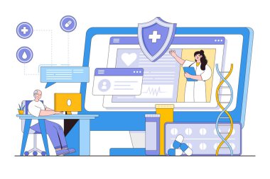 Teletıp ve online doktor konsepti. Bilgisayarını kullanarak kıdemli adam danışmanlığı. İniş sayfası, web pankartı, bilgi grafikleri, kahraman resimleri için tasarım biçimi asgari vektör çizimi.