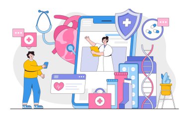 Çevrimiçi doktor kavramı ve insan karakteri. Profesyonel kadın doktor, hastasına akıllı telefondan tavsiye veriyor. Teletıp, tele sağlık ve sağlık hizmeti. İniş sayfası için vektör illüstrasyonu.