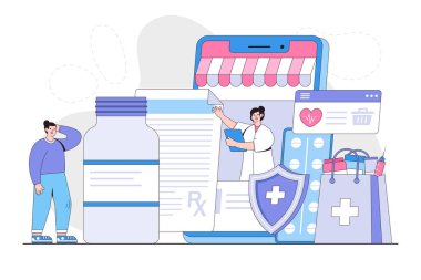Çevrimiçi eczane konsepti, akıllı telefonun içindeki eczanede çalışan kadın doktor ile birlikte. İlaç, tıbbi malzeme, hap ve uyuşturucu alan bir adam. İniş sayfası için en az vektör illüstrasyonu.