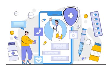 Teletıp, tele sağlık hizmetleri, cep telefonu ekranında doktorla tıbbi online danışma konsepti. İniş sayfası, web pankartı, kahraman resimleri için tasarım biçimi asgari vektör çizimi.