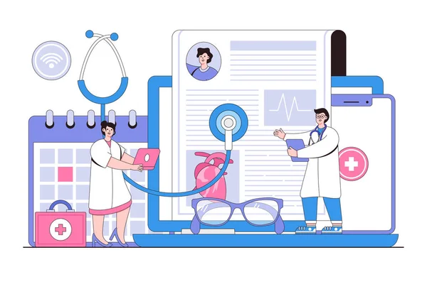 テレメディシン オンライン医療 キャラクターを持つ仮想医療の概念 概要デザインスタイルランディングページ ウェブバナー インフォグラフィック ヒーロー画像のための最小ベクトルイラスト — ストックベクタ