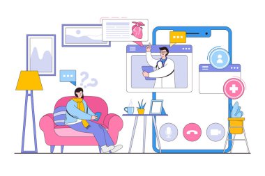 İnternetteki ev teşhisleri ve klinik konsepti için tıbbi poster. Genç bayan, akıllı telefondan doktorla görüntülü görüşme yapıyor. İniş sayfası için tasarım biçimi asgari vektör çizimi.