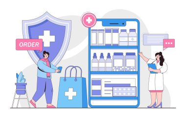 İnternetten ilaç almak. İnternetteki eczaneden ilaç almak için mobil servis ya da uygulama. İniş sayfası, web pankartı, kahraman resimleri için tasarım biçimi asgari vektör çizimi.