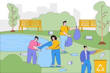 Kadın ve erkek gönüllü olarak parkta çöp temizliyor. Fedakâr kişi çevreyi atıklardan temizler ve birlikte çöp toplar. İniş sayfası için çevre ve dünya günü vektör çizelgesi.
