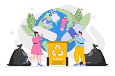 Plastic pollution problem concept. People collecting and sorting plastic trash into recycling garbage bin. Environmental and earth day vector cartoon illustration for landing page, hero images. clipart