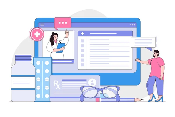 Sağlık Hizmetleri Internet Teletıp Konsepti Kadın Hasta Internet Portalında Sohbet — Stok Vektör