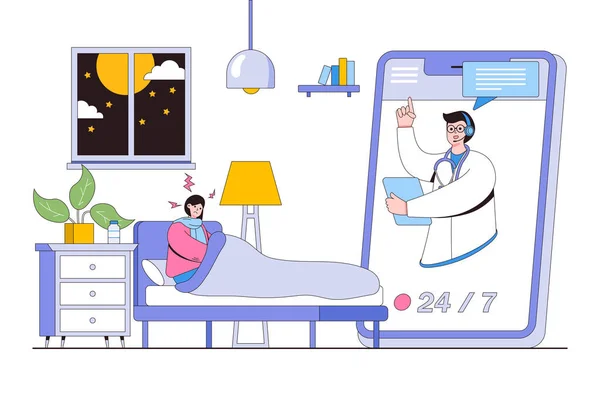 247 Çevrimiçi Doktor Teletıp Destek Konsepti Akşamları Yatak Odasında Doktoruyla — Stok Vektör