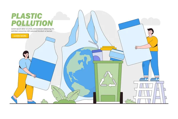 Problemkonzept Zur Plastikverschmutzung Menschen Sammeln Und Sortieren Plastikmüll Recycling Mülltonnen — Stockvektor