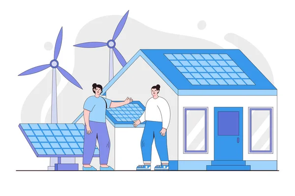 Duurzame Energie Het Concept Van Slimme Technologie Windmolens Huis Met — Stockvector