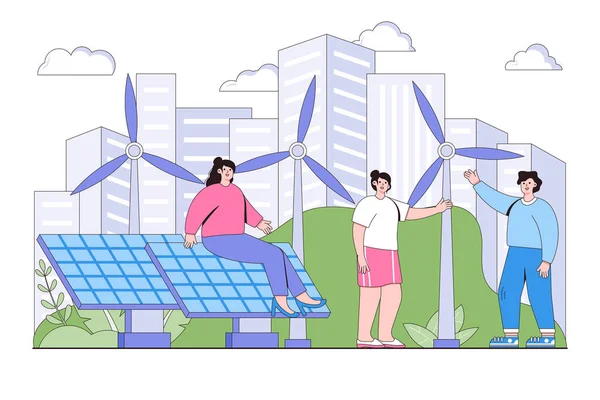 Technologische Solarenergie Öko Sauberes Modernes Stromversorgungskonzept Menschen Mit Großen Solarzellen — Stockvektor