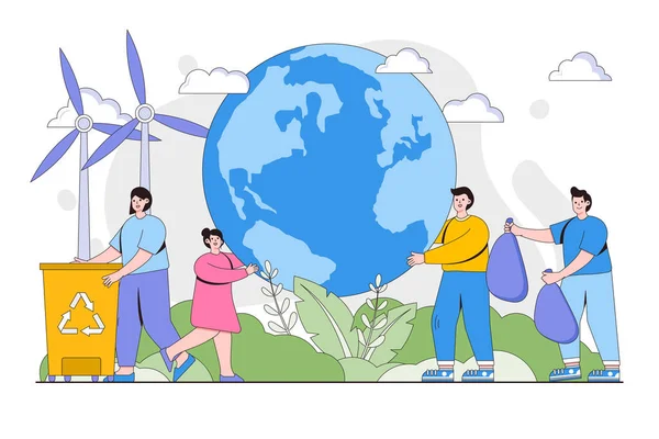 廃棄物のリサイクル 再生可能資源の概念 公園で環境保護と持続可能性のために協力している人々のグループ 着陸ページのための地球の日ベクトル図 ヒーロー画像 — ストックベクタ