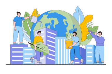 İnsanlar tatile hazırlanıyor, gezegeni ve çevreyi kurtarıyorlar. İniş sayfası, web pankartı, kahraman resimleri için çevre ve dünya günü vektör çizimi.
