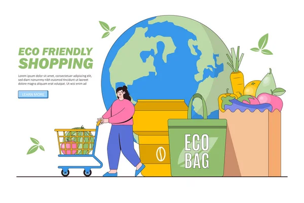 Ekologiczne Życie Przyjazne Zakupy Zero Plastiku Ludzie Kupują Świeże Jedzenie — Wektor stockowy