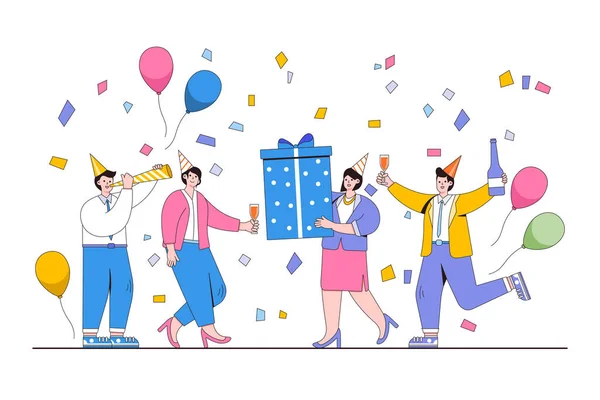 Concepto Celebración Laboral Gente Feliz Celebrando Cumpleaños Con Confeti Globos — Vector de stock