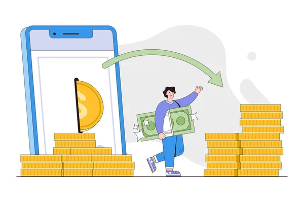 人々はモバイルアプリの概念を使ってお金を稼ぐ 現金の漫画家だ デジタル機器を介した金融取引 支払い ランディングページのための最小ベクトルイラスト — ストックベクタ