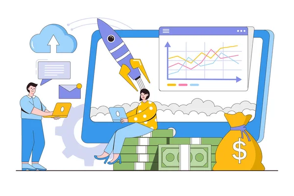 お金の概念を作るためにオンラインビジネスを投資する インターネットで働くことからの受動的な収入 概要デザインスタイルランディングページ ウェブバナー インフォグラフィック ヒーロー画像のための最小ベクトルイラスト — ストックベクタ
