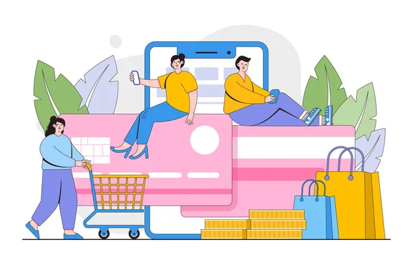 在线支付概念 拿着智能手机的男人和女人坐在一张大信用卡上上网购物 登陆页 信息图形 英雄图像的最小矢量插图 — 图库矢量图片