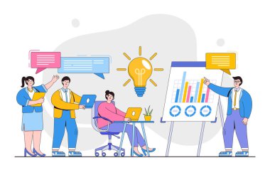 Grup çalışanları iş yerlerinde iş arkadaşları arasında diyalog ve iletişim kurarlar. İş stratejisini analiz et ve geliştir. İniş sayfası için tasarım biçimi asgari vektör çizimi.