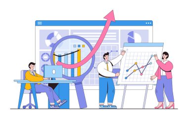 Ofis çalışanları bilgi işleme, analiz ve sunumu grafiklerle tartışıyor. İniş sayfası, web pankartı, bilgi grafikleri, kahraman resimleri için tasarım biçimi asgari vektör çizimi.