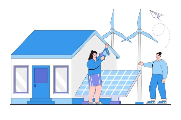 Umweltfreundliches Traditionelles Hauskonzept Energie Aus Sonnenkollektoren Und Windmühlen Und Retten — Stockvektor