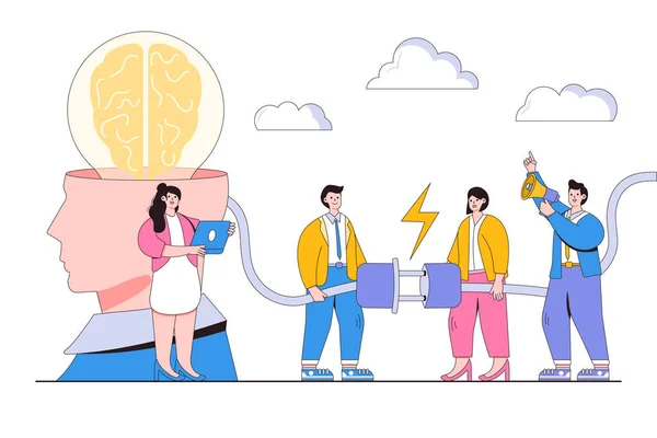 Brainstorming Koncepce Nabíjení Mozku Podnikatelé Spojující Žárovky Rozsvítí Jako Kreativní — Stockový vektor