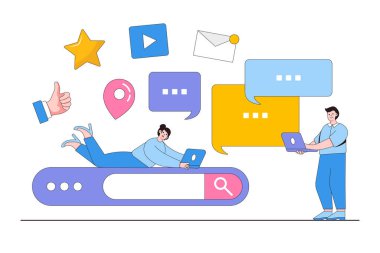 İnternet üzerinden iletişim, sosyal ağ, sohbet, video, mesaj, arama arkadaşları kavramı. İniş sayfası, web pankartı, bilgi grafikleri, kahraman resimleri için tasarım asgari vektör ilülasyonu.
