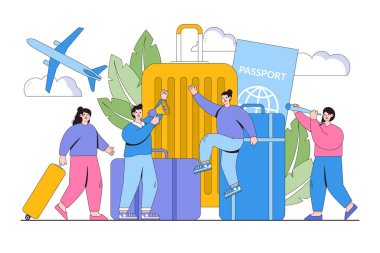Tatil planlama, iş gezisi, el bagajı, seyahat, tur, bavul ve insan karakterli turizm konsepti. İniş sayfası, web pankartı, bilgi grafikleri için tasarım asgari vektör çizimi.