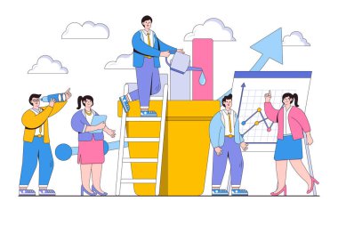 Sütun grafiklerinin iş analizinin vektör illüstrasyonu, insan karakterleriyle kariyerin yükselişi.