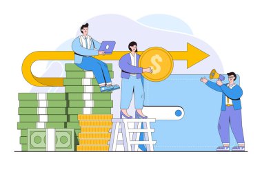 Finansal işlemler, para iadesi, yatırım, döviz kuru ve insanların karakterleriyle tasarruf hesabı illüstrasyonu.