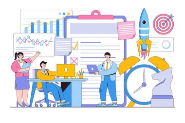 Proje analizi, finansal rapor, strateji ve plan oluşturan bir grup insanla başarılı iş geliştirme.