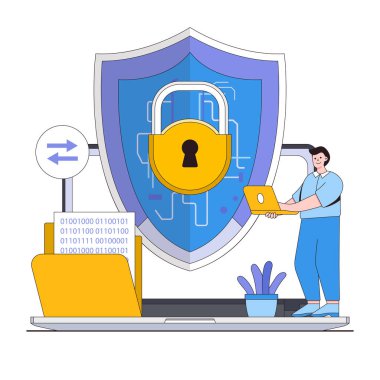 Karakterli veri şifreleme vektör çizimi kavramı. Güvenli veri transferi, şifreleme teknolojisi, dijital gizlilik. İniş sayfası için modern düz stil, web pankartı, bilgi grafikleri, kahraman resimleri.