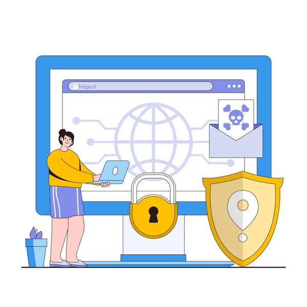 Bezpieczna Nawigacja Online Wektor Ilustracji Koncepcja Postaciami Bezpieczeństwo Przeglądania Stron — Wektor stockowy