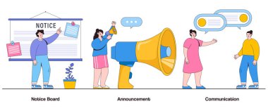 Bildirim Kurulu, Duyuru, Karakterle İletişim Konsepti. Bilgi Yayılımı Soyut Vektör İllüstrasyon Kümesi. Önemli Bildirimler, Güncellemeler, Etkili İletişim Metaforu.