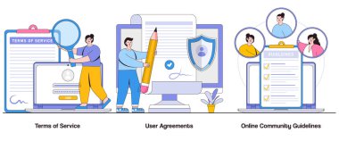Hizmet Koşulları, Kullanıcı Anlaşmaları ve Çevrimiçi Toplum Kuralları Karakterle Kavram. Dijital Platform Kuralları Soyut Vektör İllüstrasyon Kümesi. Kullanıcı Sorumlulukları, Çevrimiçi Görgü Yöntemi.
